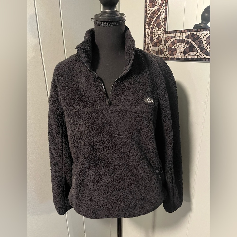 Zyia Active Teddy Bear Fleece Pullover Sweatshirt Womens Size Small Black